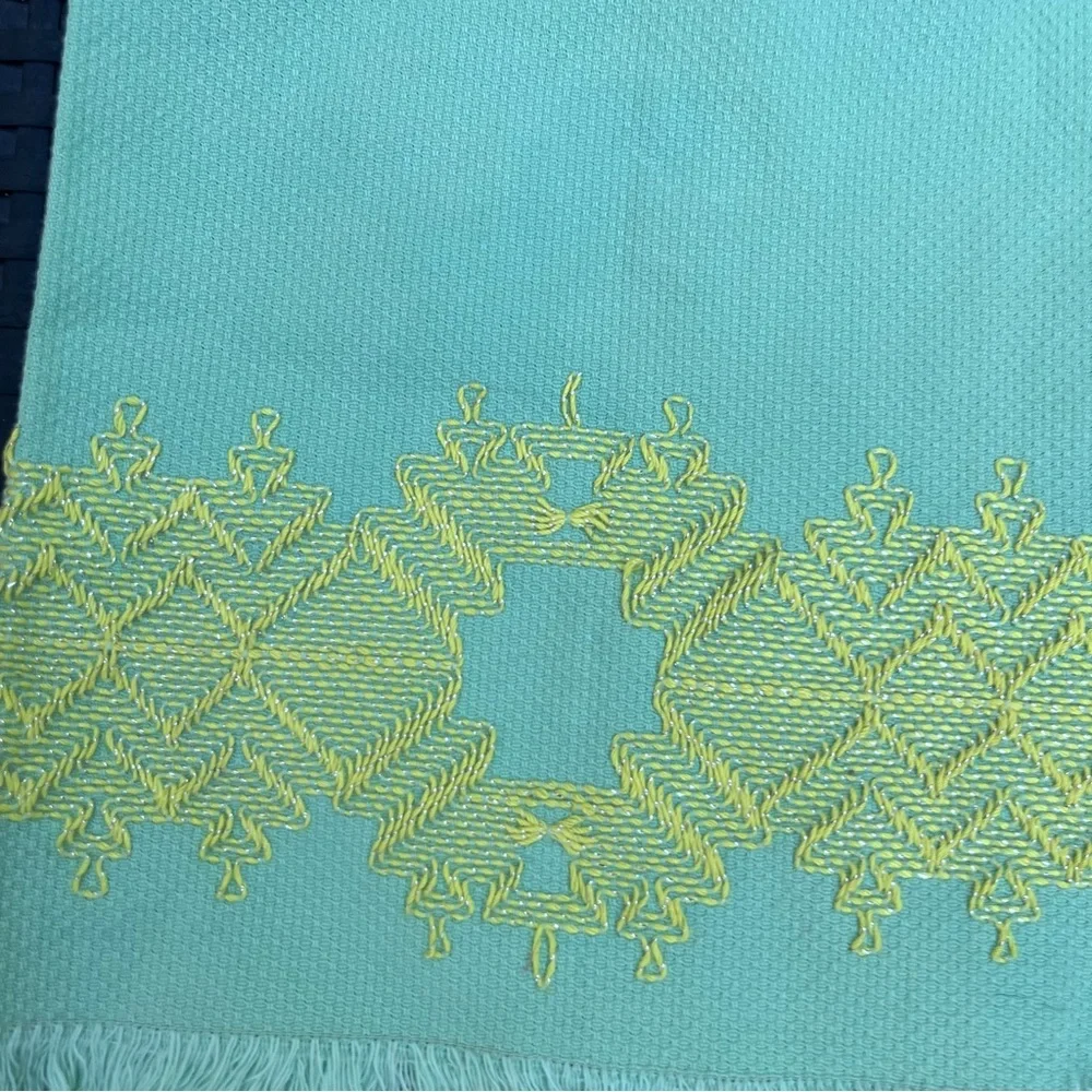 Two Vintage Tea Towels Cloth Aqua and Yellow Embroidered